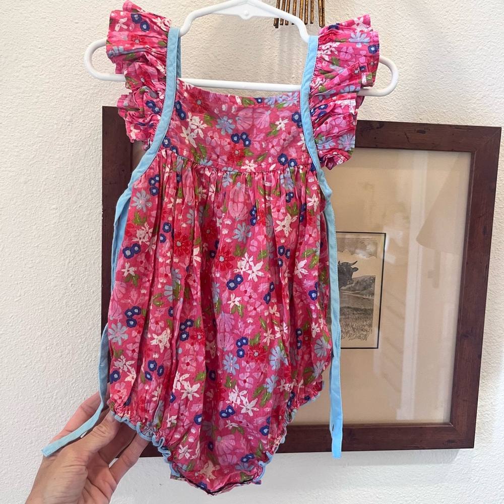 Floral Pink Baby Romper with Blue Accents